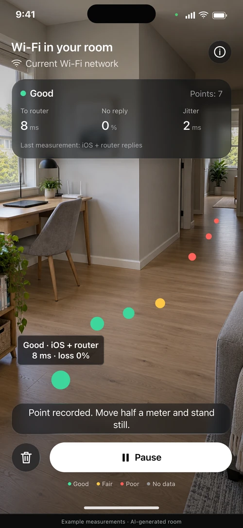 Illustrative Wi-Fi Map interface over an AI-generated room with sample measurements